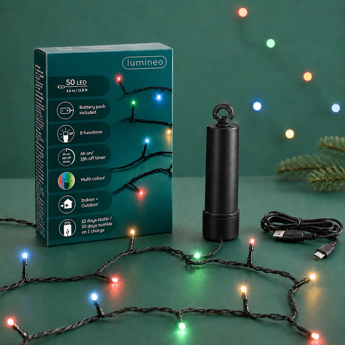 LED Lichterkette 3,7m Duracharge 50 LEDs Twinkle Effekt Batteriebetriebe Dekobeleuchtung Lichtergirlande 8 Funktionen Innen Außen Schwarz Bunt
