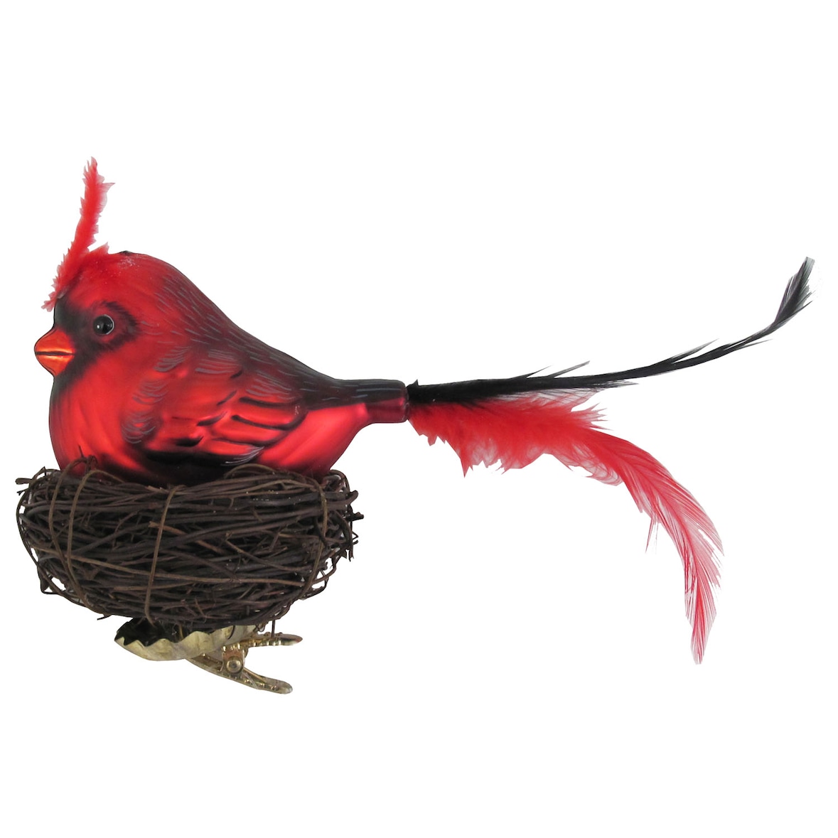 Vogel rot 20cm mit 7cm Federschwanz im Nest aus Zweigen Glasornament, mundgeblasen und handekoriert