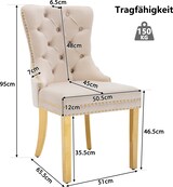 thumbnail of Esszimmerstuhl Samt Beige 95x51x66 cm mit Türklopfer Rücken, Nagelkopfbesatz, vergoldeten Edelstahlbeinen, verstellbaren Füßen, elegant