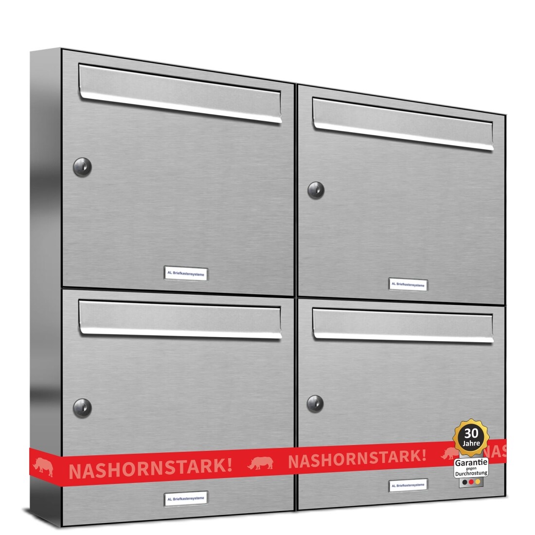 AL Briefkastensysteme 4 Fächer Premium Edelstahl Wand Briefkasten Anlage für Post A4, modern, robust und wetterfest, Artikelnummer: 331T4EA2