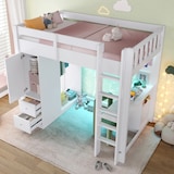 thumbnail of Hochbett 90x200 mit integriertem Schreibtisch, Stauraum und LED-Beleuchtung – Praktisches Design in Weiß mit Kiefernholz und MDF