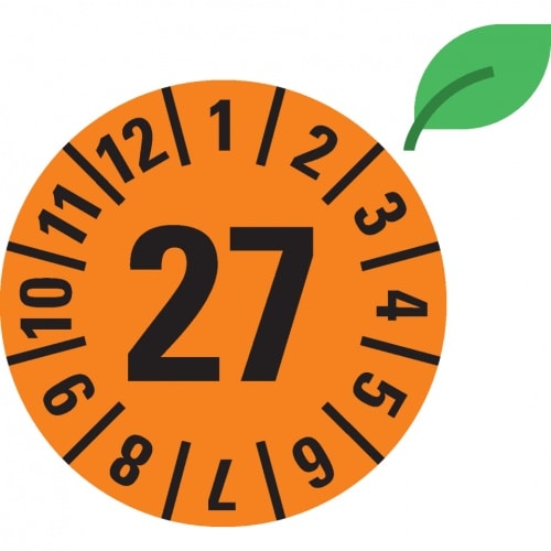 Dreifke® Prüfplakette 27, orange, ökologische Folie, selbstklebend, Ø 30mm, 18 St/Bogen