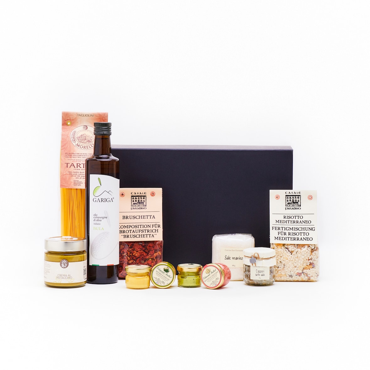 fein und kostbar Geschenkkorb Sandstrand, Box, 6-teilig, gefüllt mit mediterranen Spezialitäten