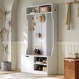 thumbnail of Flurgarderobe Komplett-Set 100x40x185,5 cm mit gepolsterter Sitzbank, Flip-Top Schuhschrank, 6 Haken, offener Stauraum, Garderobe, modern, Weiß