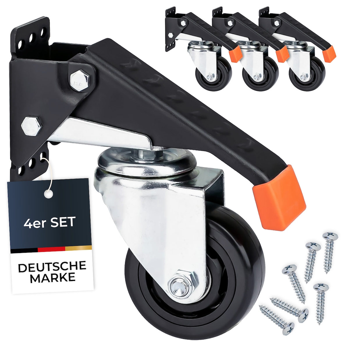 HMF 6750 Schwerlastrollen absenkbar für Werkbank, 4 Stück, 76 mm, bis 400 kg, Schwarz