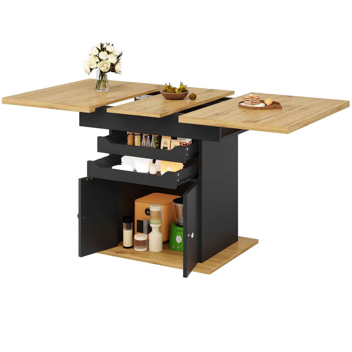 Esstisch Ausziehtisch Schwarz 76x140x80 cm mit Stauraum, Schubladen und Schrank, aus MDF mit Metallgriffen, platzsparend und flexibel erweiterbar