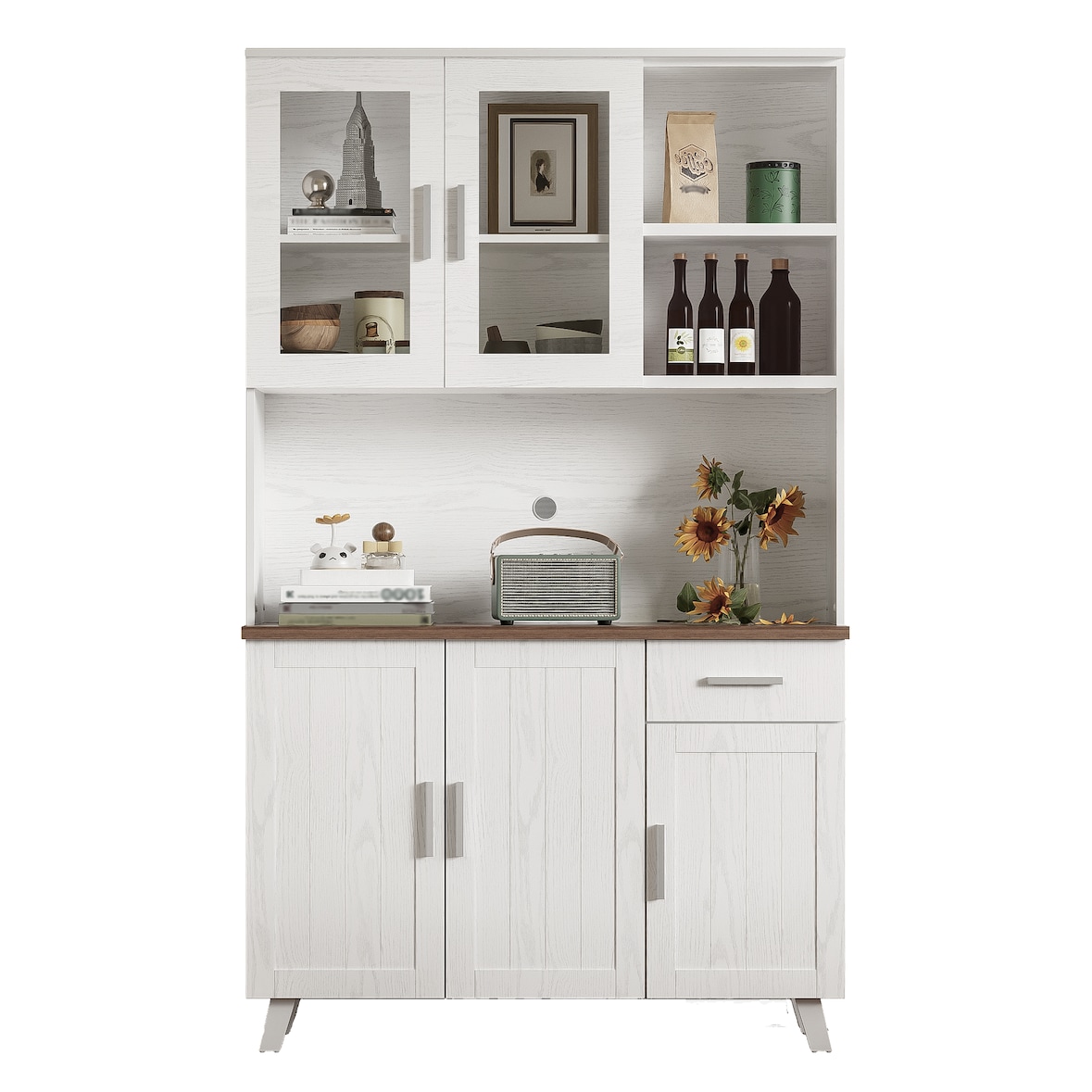 Hochschrank mit rustikalem Design und weißer Holzmaserung 114x40x190, 5 Türen,1 Schublade und 2 offene Fächer für Stauraum in Wohnzimmer und Esszimmer
