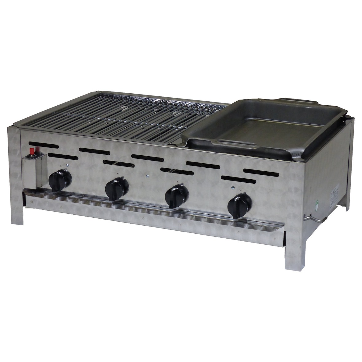 Gastrobräter, 4 Brenner je 4,5 kW, mit Grillrost und Stahlpfanne, B 810 x T 530 x H 270 mm, inkl. Gewerbedruckregler u. Schlauchbruchsicherung