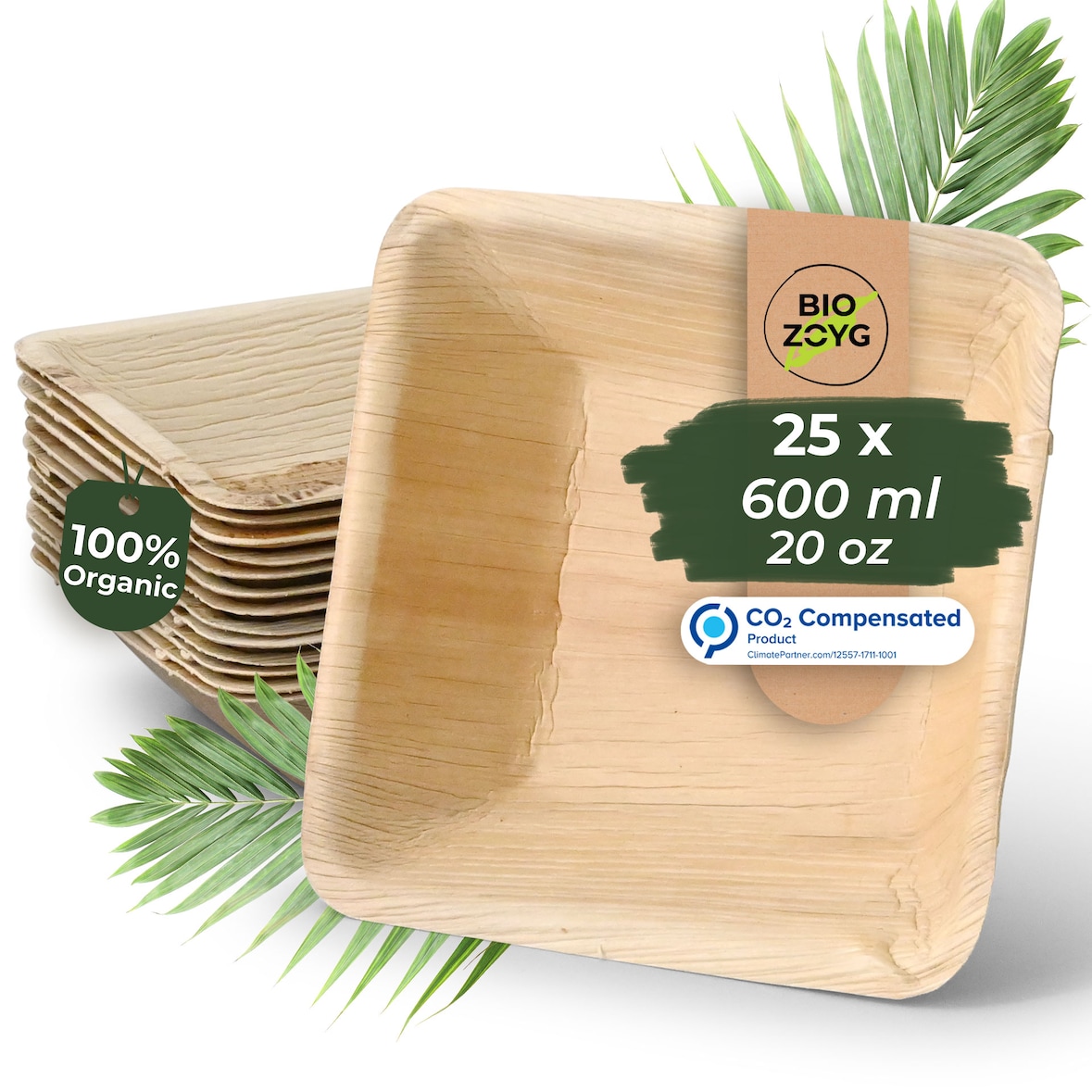 BIOZOYG 25 Stück quadratische Einwegschalen Palmblattschalen 600ml für Partys, umweltfreundliches Biogeschirr, Einmalgeschirr, biologisch abbaubar