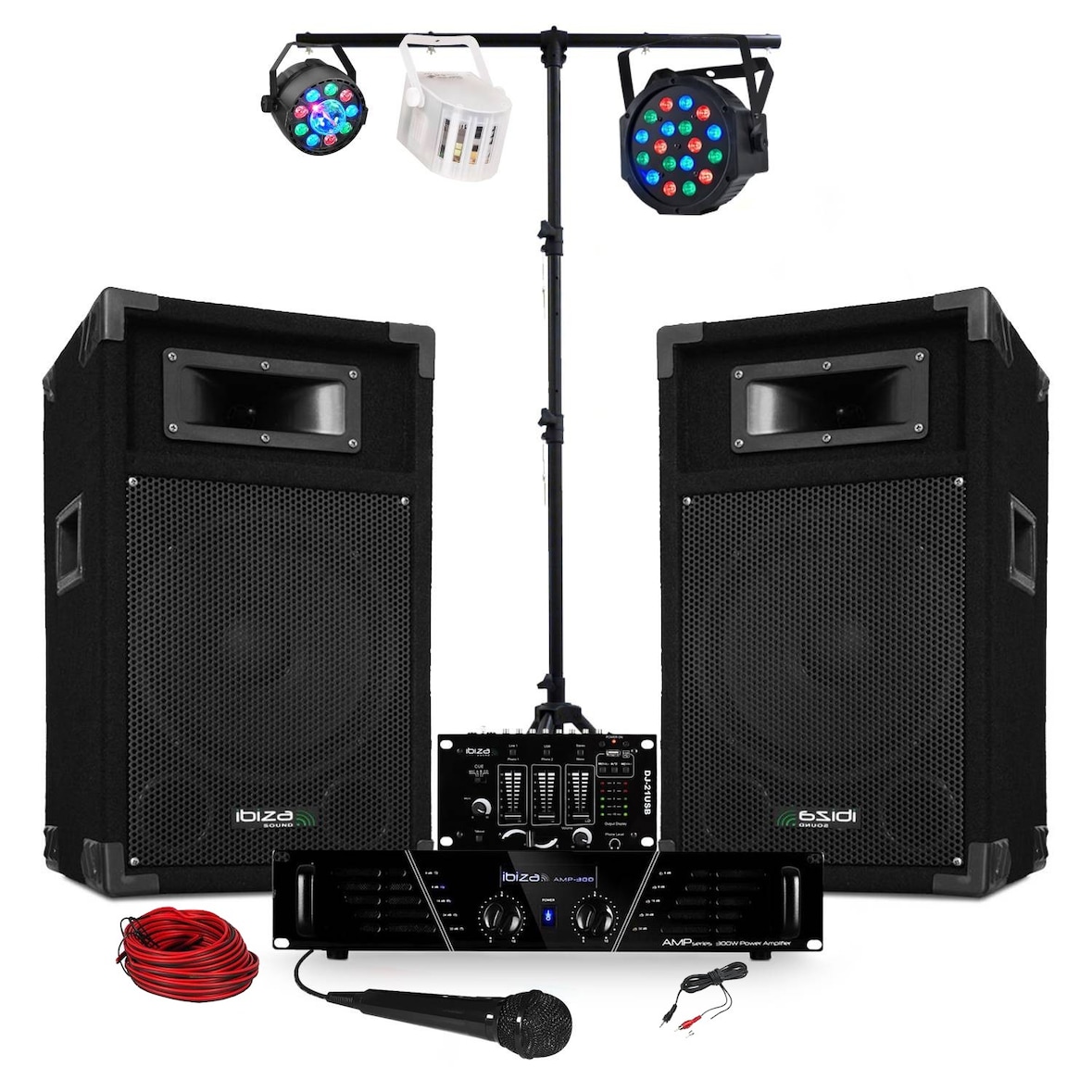 Pack Sono ampli + enceintes 500W + Table de mixage + 3 jeux de lumières + Portique