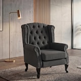 thumbnail of Sillón Chesterfield, sillón reclinable club wing chair, tela/textil repelente al agua ~ gris oscuro sin otomana
