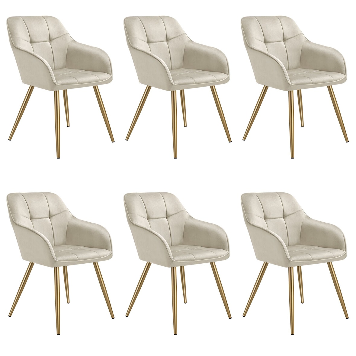 tectake Eetkamerstoel Marilyn, fluweellook, gecapitonneerd - creme/goud, Set van 6 - 405782