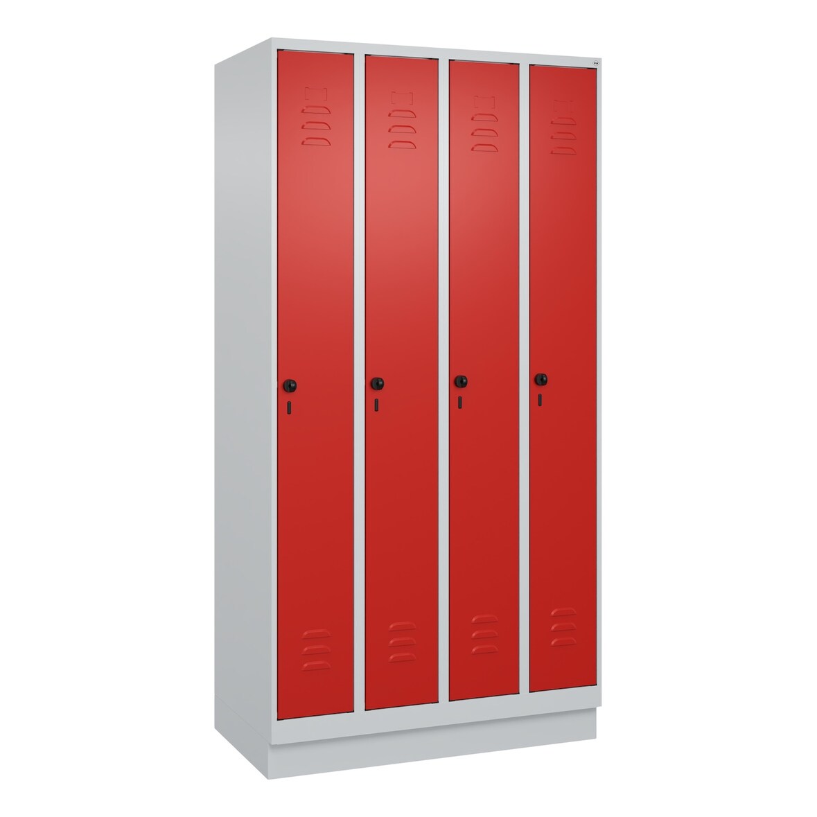 C+P Spind Classic PLUS, Sockel, 4 Abteile, HxBxT 195x100x50cm, Sicherheitsdrehriegel, Hellgrau/Rot von PROREGAL