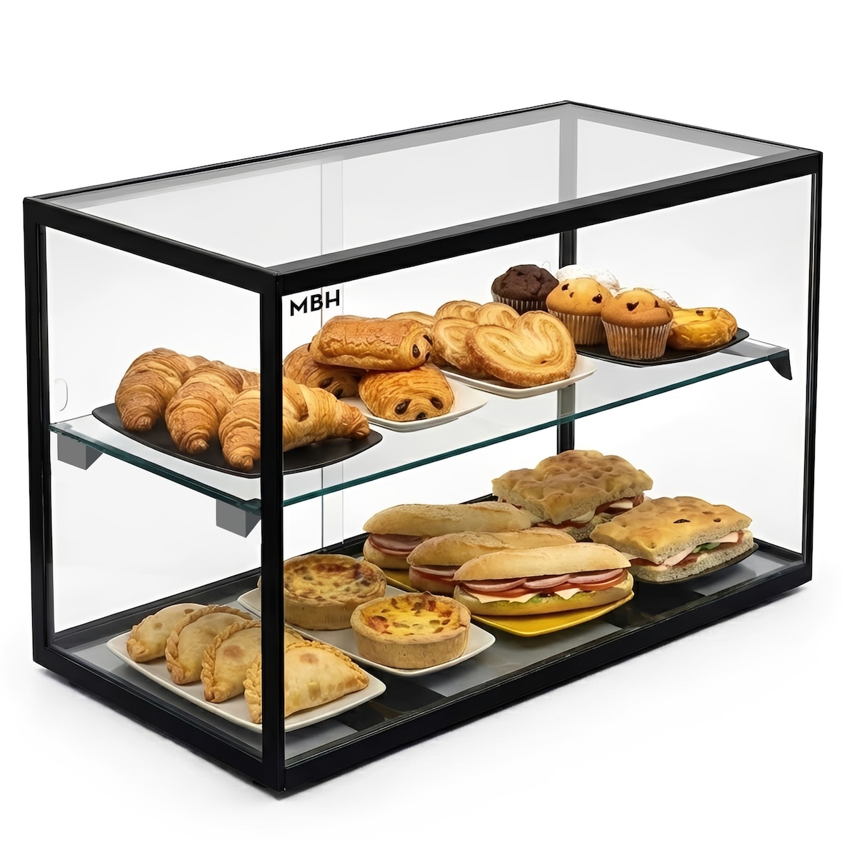 MBH - Neutrale vitrine 55 cm 2 etages voor catering. Neutrale glazen vitrine voor gebak en taarten.