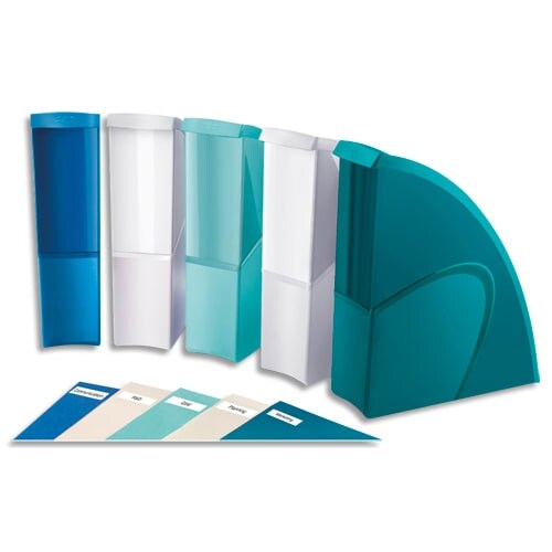 Lot de 5 porte-revues Riviera, dos de 80, en polystyrène choc (PS), coloris blanc/vert d'eau/émeraude/bleu porcelaine