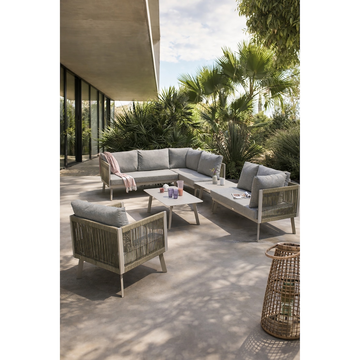 Conjunto de muebles de jardín esquinero de 7 plazas de aluminio y cuerda gris - MANOSQUE