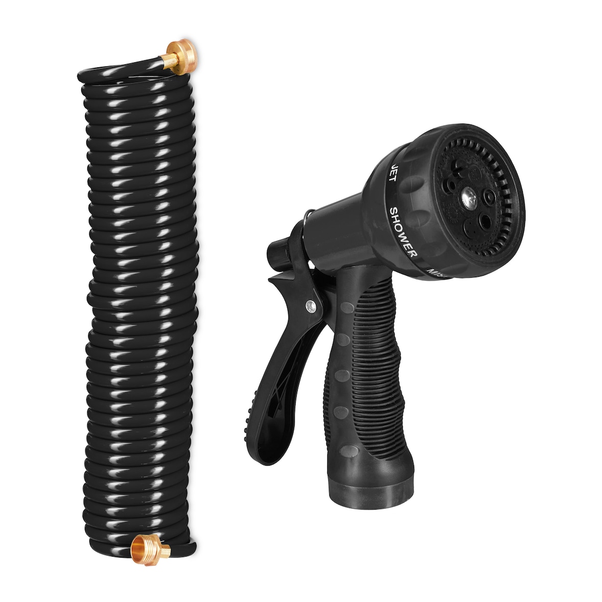 Relaxdays Spiralschlauch Wasser, bis 10 m ausziehbar, flexibler Gartenschlauch mit Wasserbrause, 7 Strahlarten, schwarz