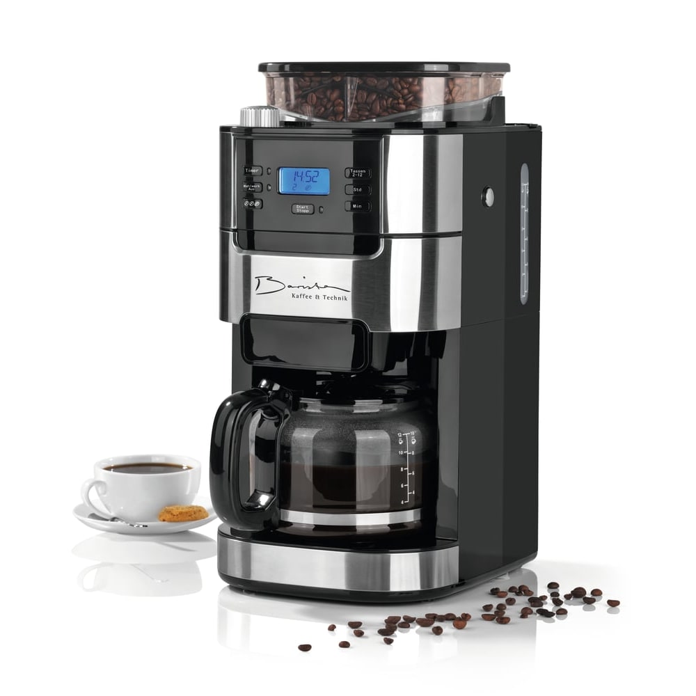 Barista Kaffeemaschine mit Mahlwerk inkl. Glaskanne - 12 Tassen für Bohnen & Pulver - 1.5l Kaffeekanne - 900W Edelstahl/Schwarz