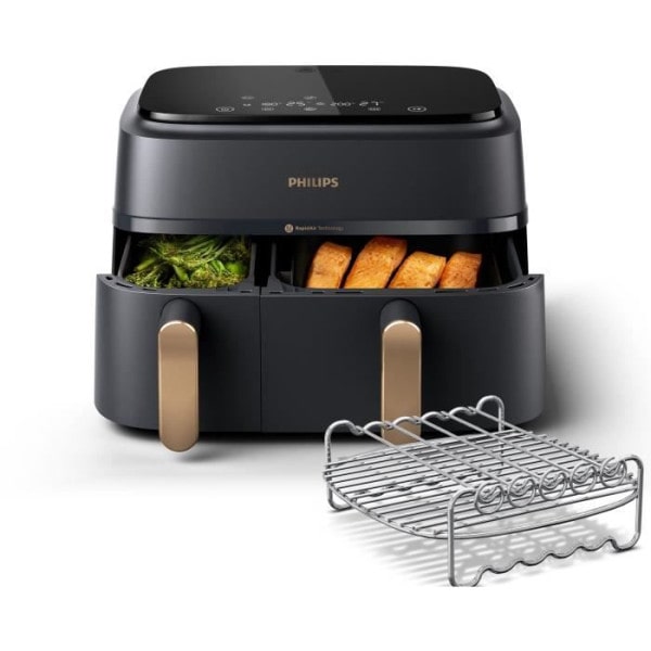 Friteuse Electrique  sans huile PHILIPS - Airfryer NA352/04 - Double cuve 9L - 8 programmes de cuisson - Accessoires inclus - 2750W usage non-intensif