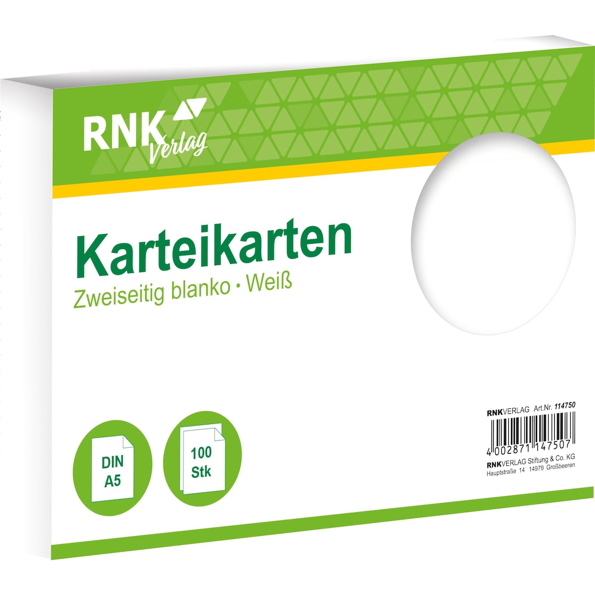 RNK Verlag 114750 Karteikarten - DIN A5, blanko, weiß, 100 Karten
