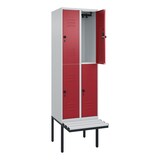 thumbnail of C+P Spind Classic PLUS, Kunststoff schwebende Sitzbank, 4 Abteile, HxBxT 212x60x82cm, Sicherheitsdrehriegel, Hellgrau/Rubinrot von PROREGAL