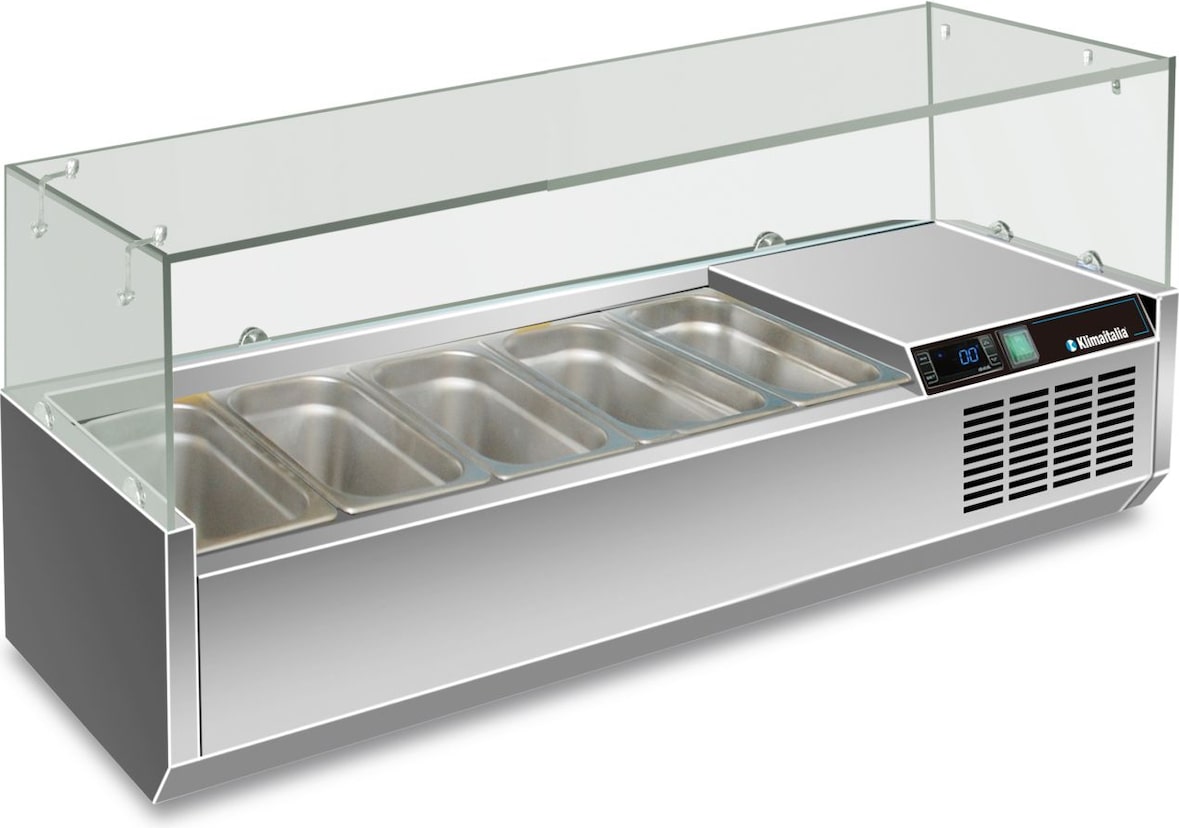 Edelstahl-Kühlvitrine für 5 GN1/3. Temperatur +2°C/+8°C. Elektronischer Thermostat. Maße LxBxH 140x39,5x43,5 cm. RWX1402