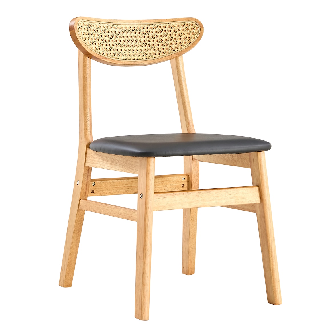 Esszimmerstuhl aus Rubberwood in Naturholzoptik mit Rattan-Rückenlehne und Kunstledersitz, 78,7x43,9x40,6 cm