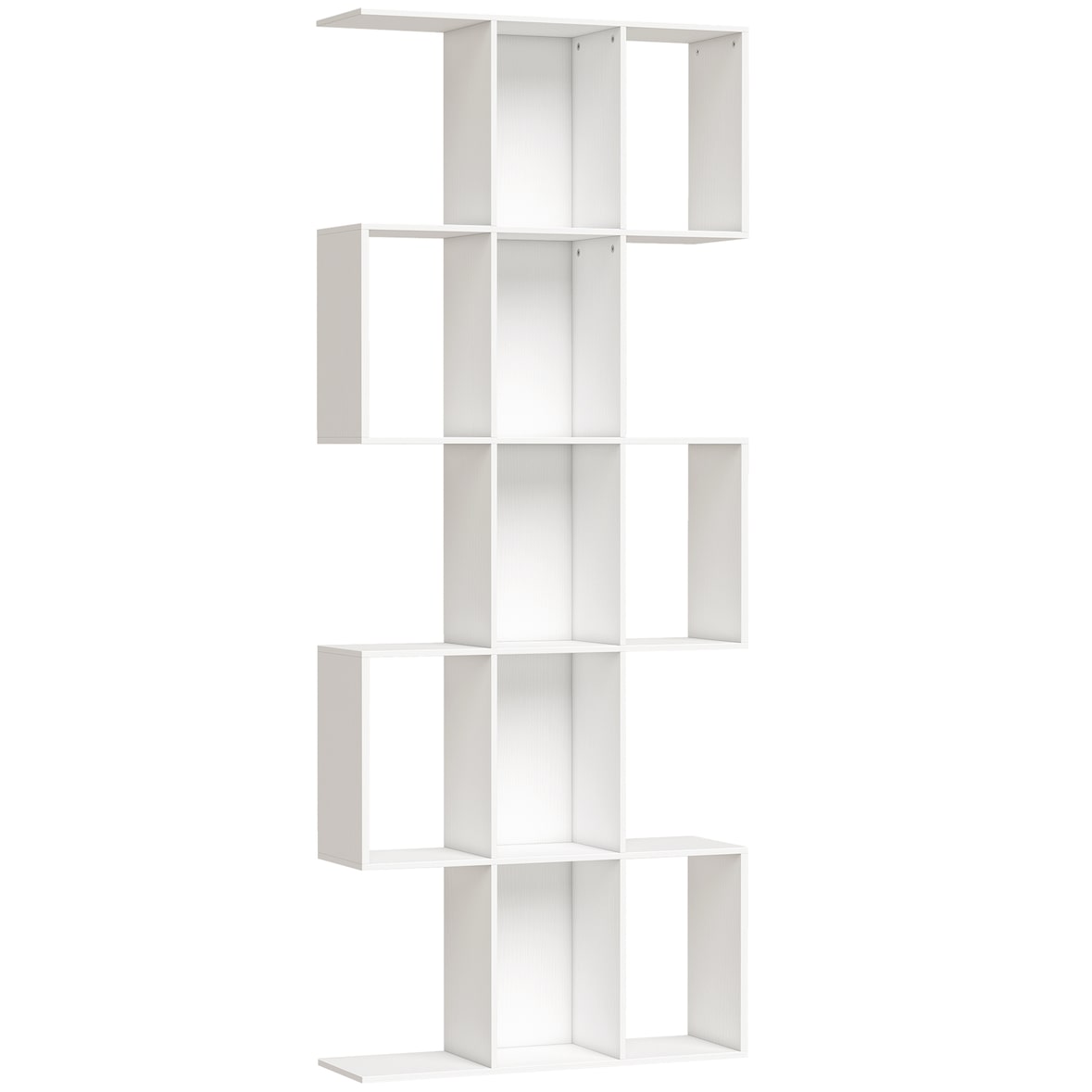 Bücherregal 5 Ebenen S-förmig geometrisch 15 Fächer modernes schmales Regal Weiß Holzmaserung