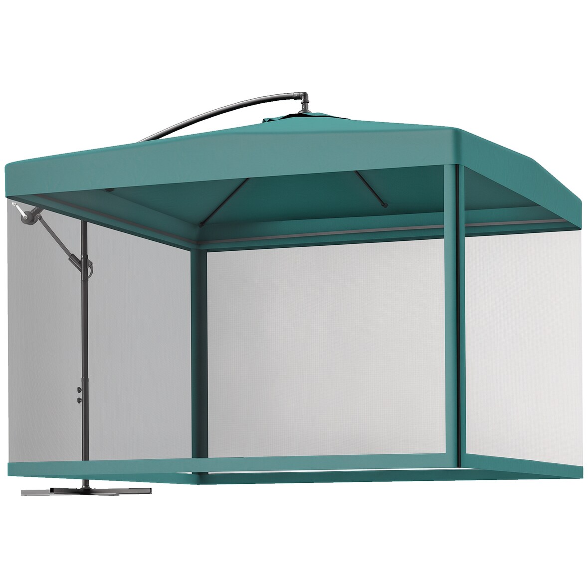 Outsunny parasol excéntrico Ø 295 cm con ángulo ajustable mosquiteras base cruzada y manivela para terraza patio exterior verde oscuro