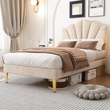 thumbnail of Luxuriöses Polsterbett 90x200 Beige mit verstellbarem Kopfteil, goldenen Eisenbeinen, stabilem Massivholzrahmen und Stauraum
