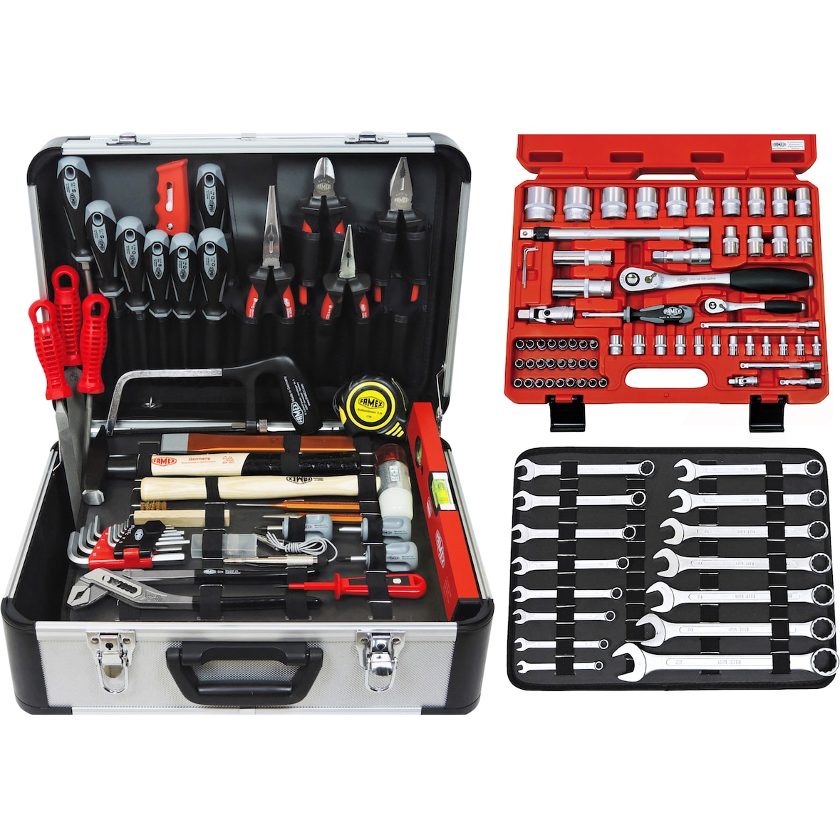 FAMEX 720-18 Profi Alu Werkzeugkoffer bestückt mit Werkzeug und Steckschlüsselsatz mit 108 Feinzahnknarren