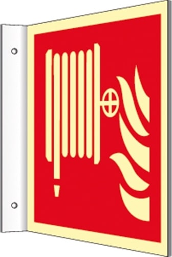 Fahnenschild Löschschlauch ISO 7010, Kunststoff, nachleucht., 160-mcd,200x200 mm
