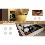 thumbnail of Polsterbett 160x200 Beige mit Holzregal Kopfteil, LED-Leselampe, USB-C, hydraulischer Stauraum, Metallrahmen und Massivholzlatten
