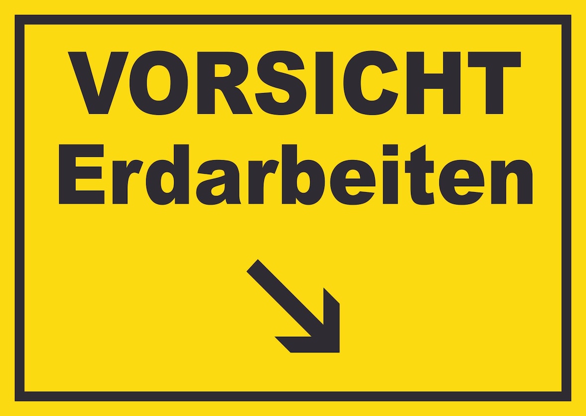 Vorsicht Erdarbeiten mit Richtungspfeil rechts unten Schild A5 (148x210mm)