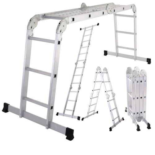 Alu-Multi-3-Gelenk-Leiter, 3 x 4 Sprossen, Arbeitsbühne, Anlege- & Bockleiter, kompakt klappbar, 15,5 kg, praktische Universal-Leiter, Raburg Stage