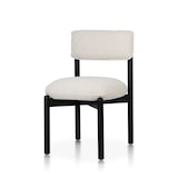 thumbnail of Silla de madera negra con asiento y respaldo tapizados en tela jaspeada de color beige claro – Moderna y cómoda