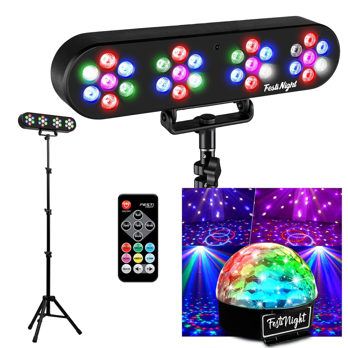 Pack Jeux de lumières Magic Set Teos, 4 PAR LED, trépied, télécommande, Ball6, Plug&Play, Bar Karaoké, Soirée Fête Animation