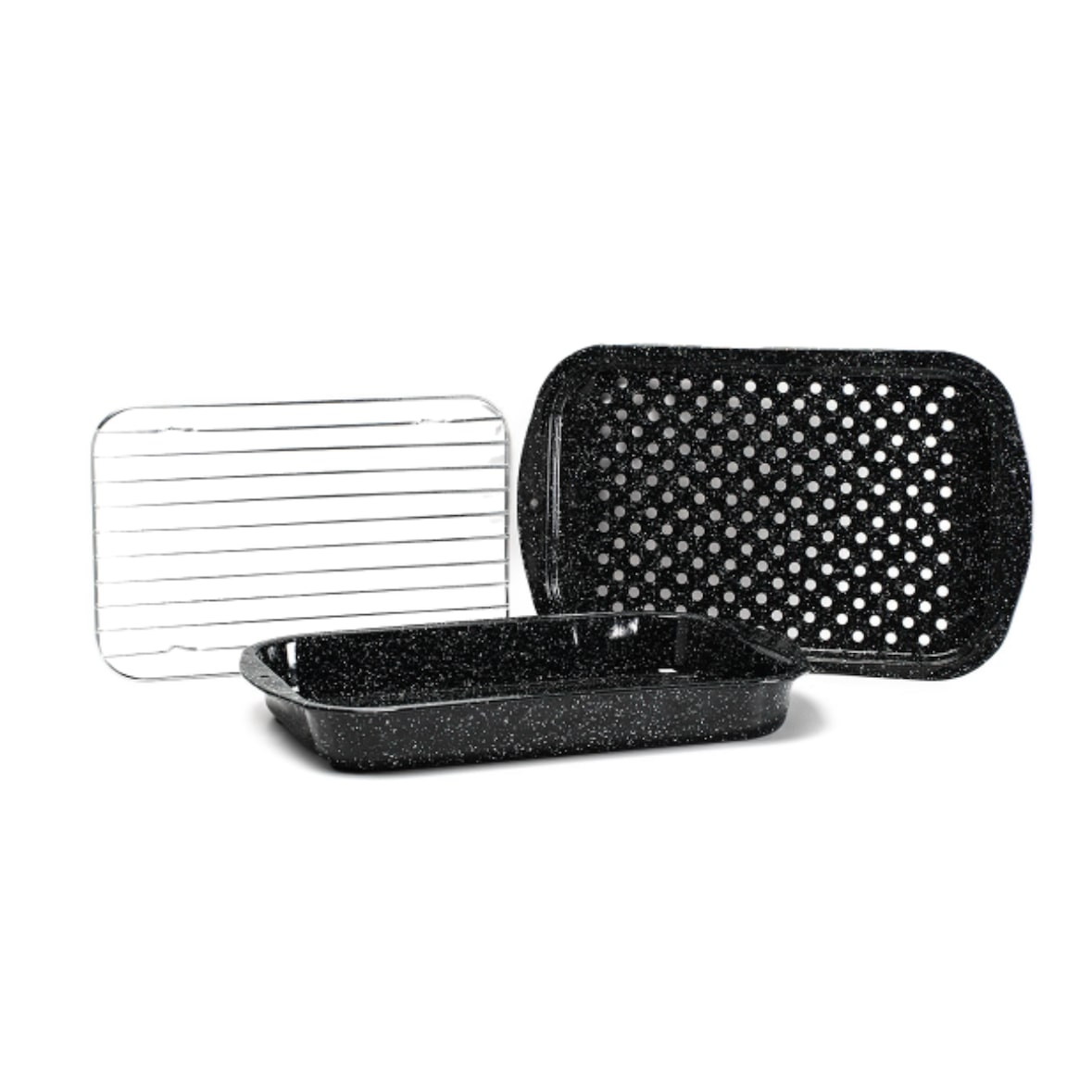 Graniteware - Set de 3 pièces : Plat à four, plateau perforé et grille - Acier émaillé et inox