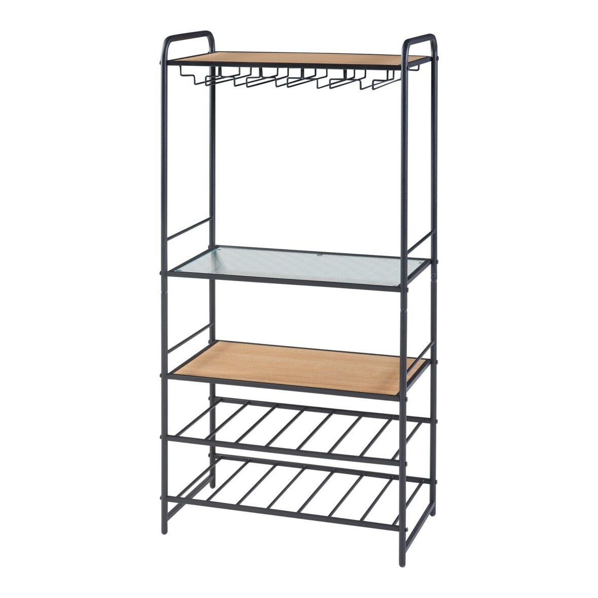 Helloshop26 - Wijnrek metaal MDF glas 120 x 61 x 33 cm zwart transparant eikenhout-effect 03_0009187