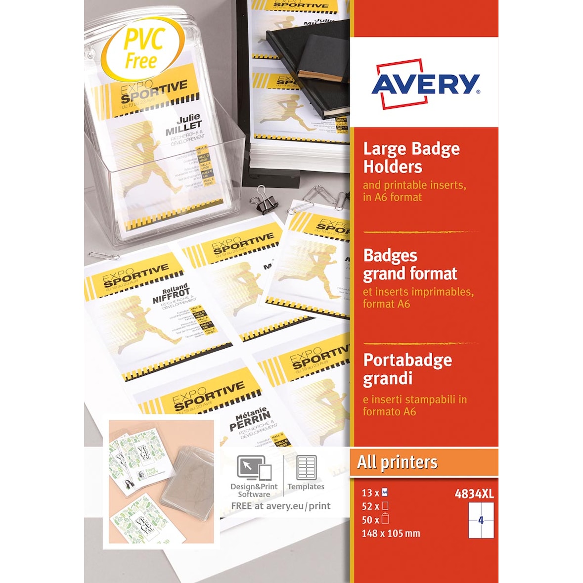 AVERY Boîte de 50 porte-badges grand format 105 x 148 mm + 52 inserts imprimables