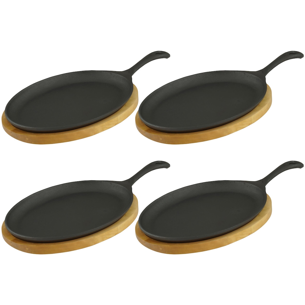 Servierpfanne mit Holzuntersetzer oval 24 x17 x 2cm Gusseisen 4 Stück im Set
