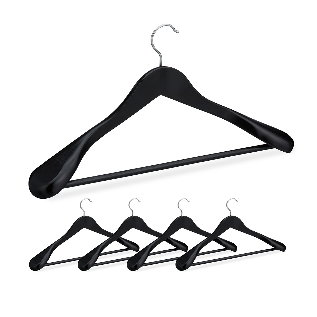 Relaxdays Anzug Kleiderbügel, 5er Set, breite Schulter, 360° drehbarer Haken, Hosenstange, Holzkleiderbügel, schwarz