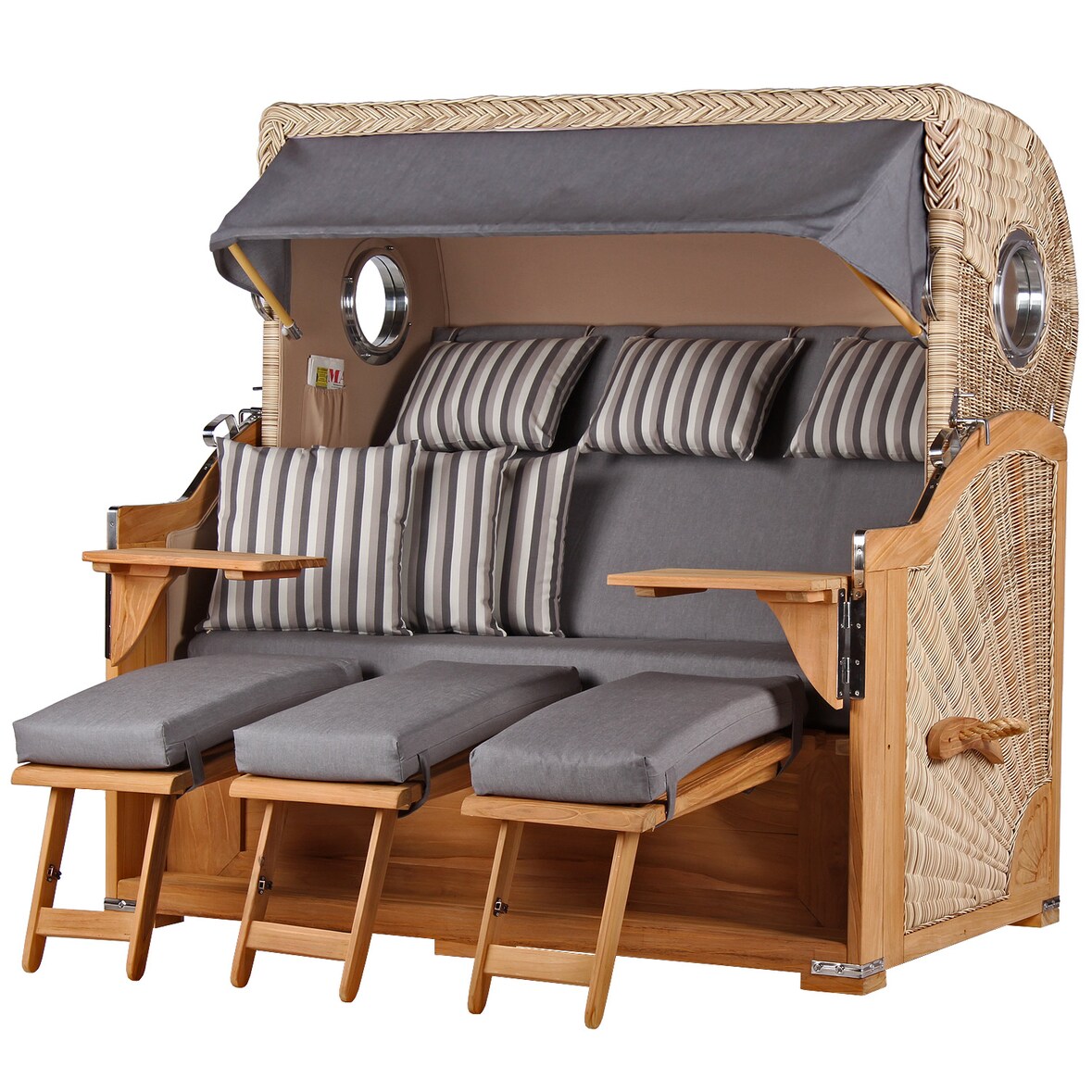 Strandkorb - bene living - Königssee Dreisitzer Teak Bullauge - PE shell - Modell 544 - inkl. Liftersystem