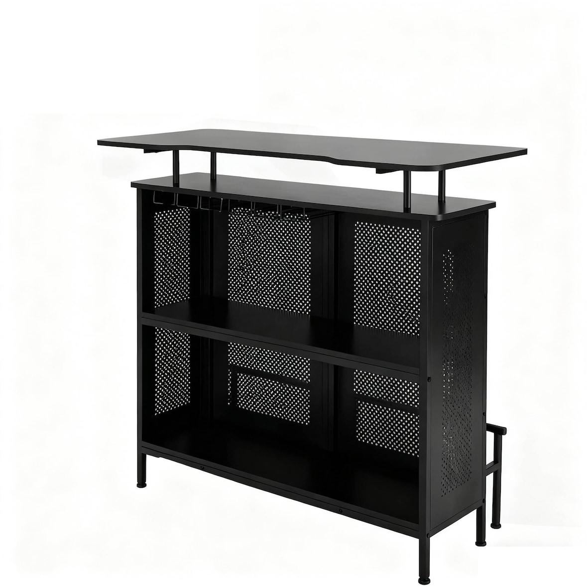 COSTWAY Tavolo da Bar Alto, Mobile Metallico con 2 Scaffali per Vino e 6 Portabicchieri, Poggiapiedi e 7 Gambe Regolabili