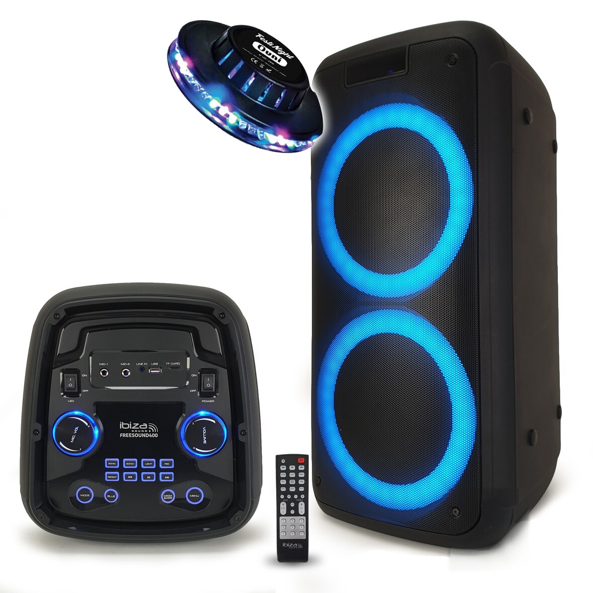 Enceinte active autonome IBIZA SOUND FREESOUND400 - SD/USB/BT - 600W + Télécommande + Jeu LED OVNI RVB