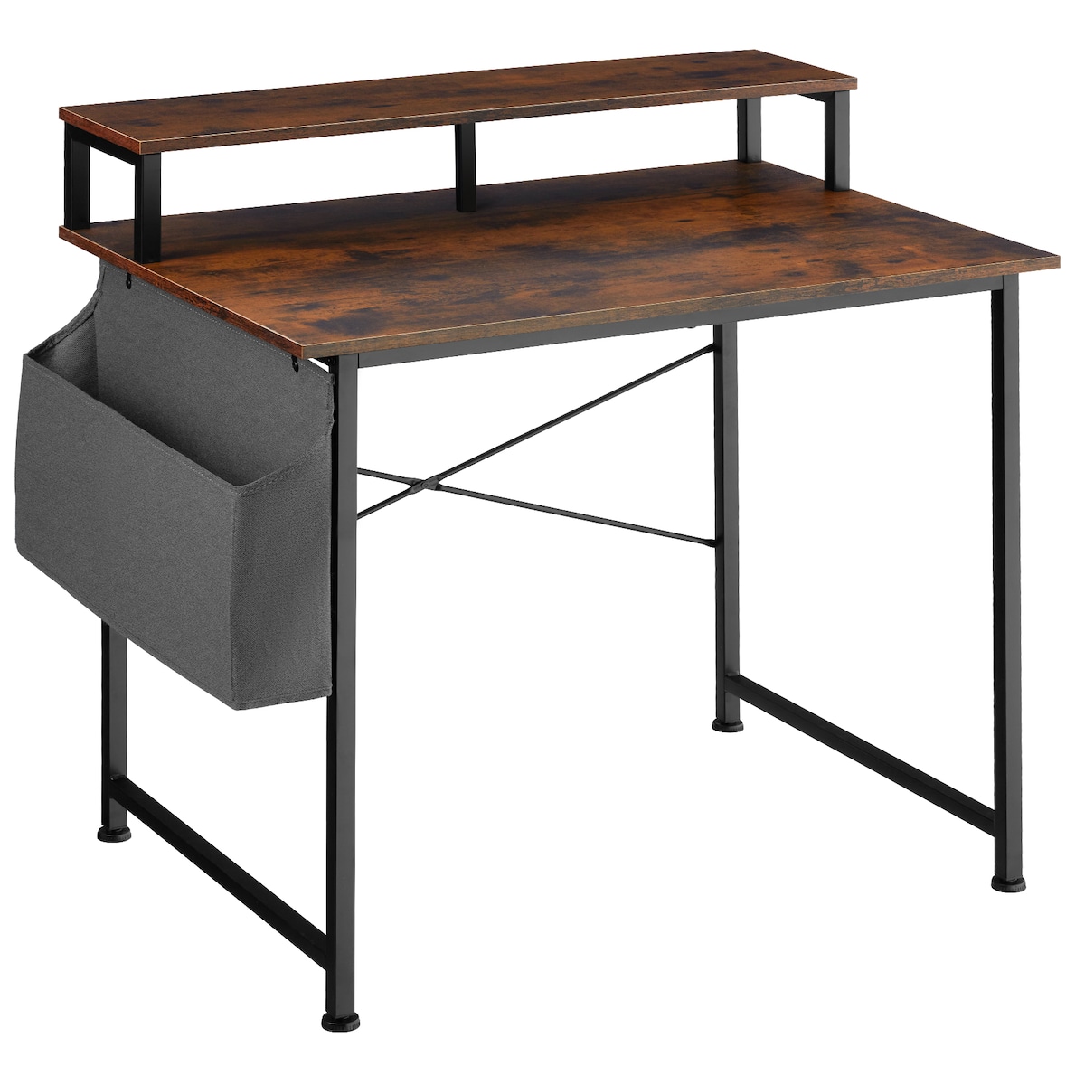 tectake Table de bureau avec étagère de rangement et poche en tissu - Bois foncé industriel, rustique, 120 cm - 404664