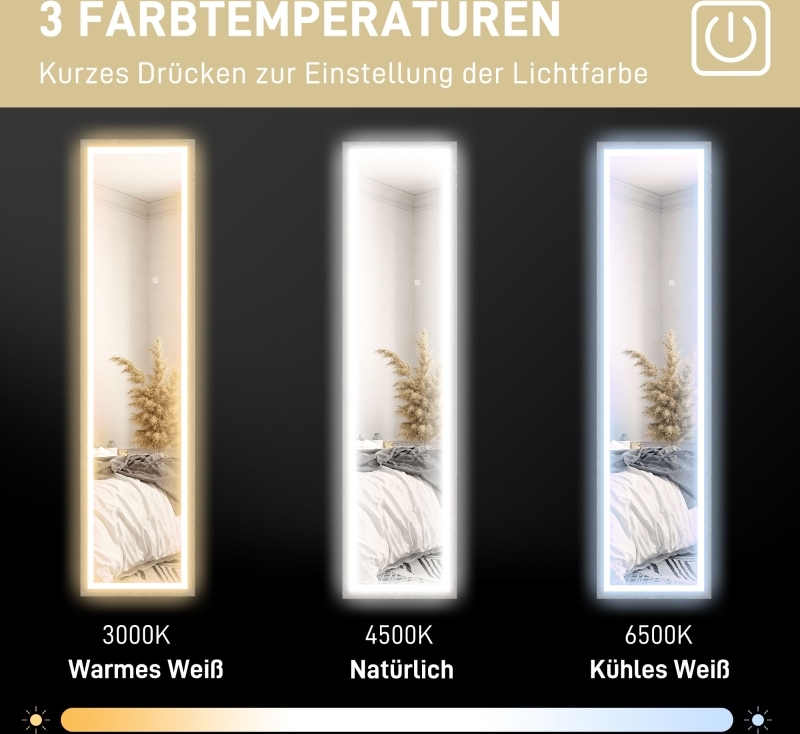 Ein beleuchteter Spiegel mit drei einstellbaren Farbtemperaturen.