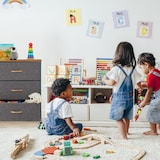 thumbnail of Relaxdays Schubladenschrank mit Rollen, 5 Stoff Schubladen, Deko Stoffschrank, Holzoptik, HBT 96,5 x 58 x 30 cm, grau