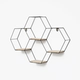 thumbnail of Vierdubbel zeshoekig metalen wandrek met 4 houten plankjes - 40,5x58 cm - Zwart