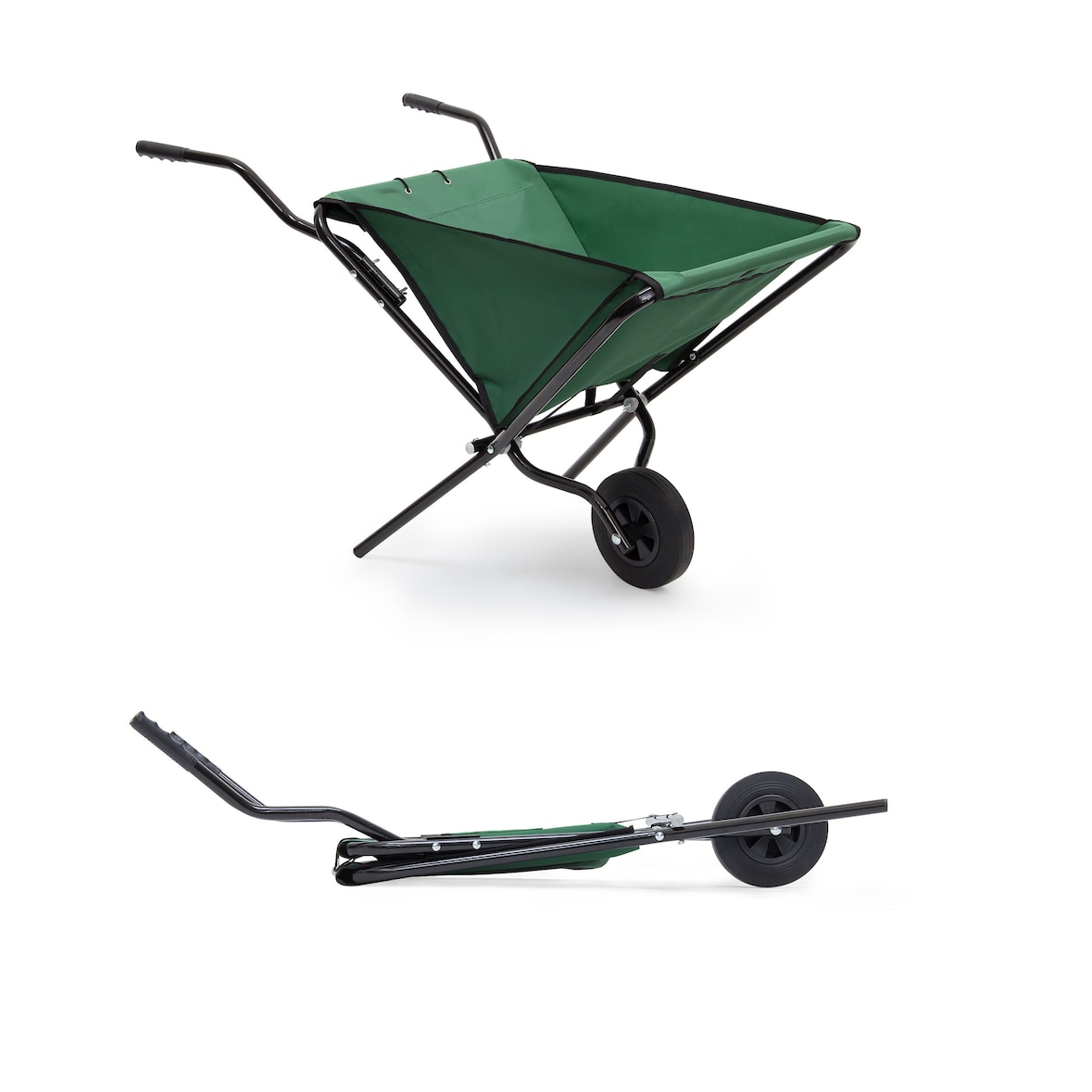 Relaxdays Schubkarre faltbar, HxBxT:66x64x112cm, Stahl, Polyester, 56l, bis 30kg, platzsparend, Gartenkarre, grün